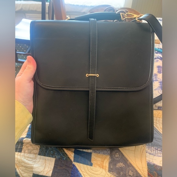 Handbags - MINIMALIST Black faux leather backpack purse with removable straps gold accents